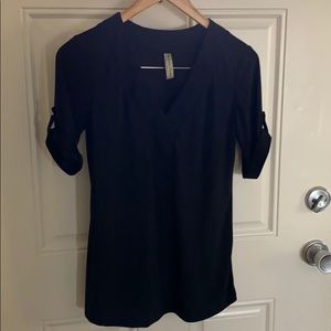 Black v neck blouse w rolled sleeves gold button S